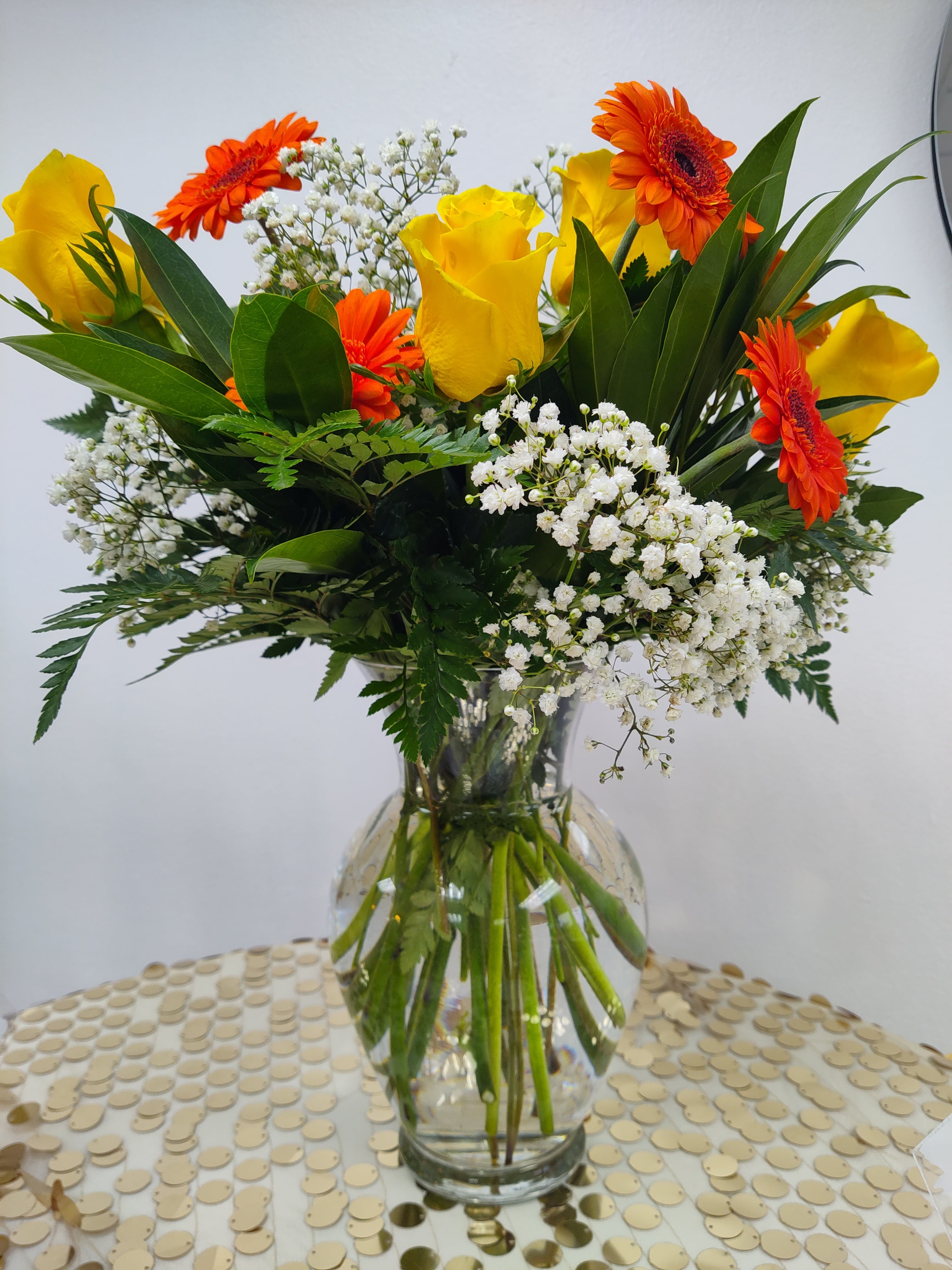 "BOLD & BEAUTIFUL" Roses and Gerber Daisies Vase arrangement