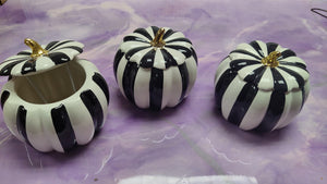 Blooming Pumpkins - Black & White Stripe Ceramic Pumpkin | Fall Floral Collection