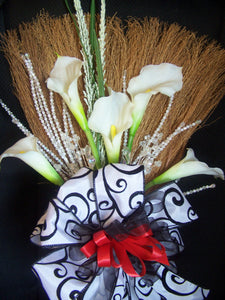 Black and White Damask Wedding Broom with Red accents
