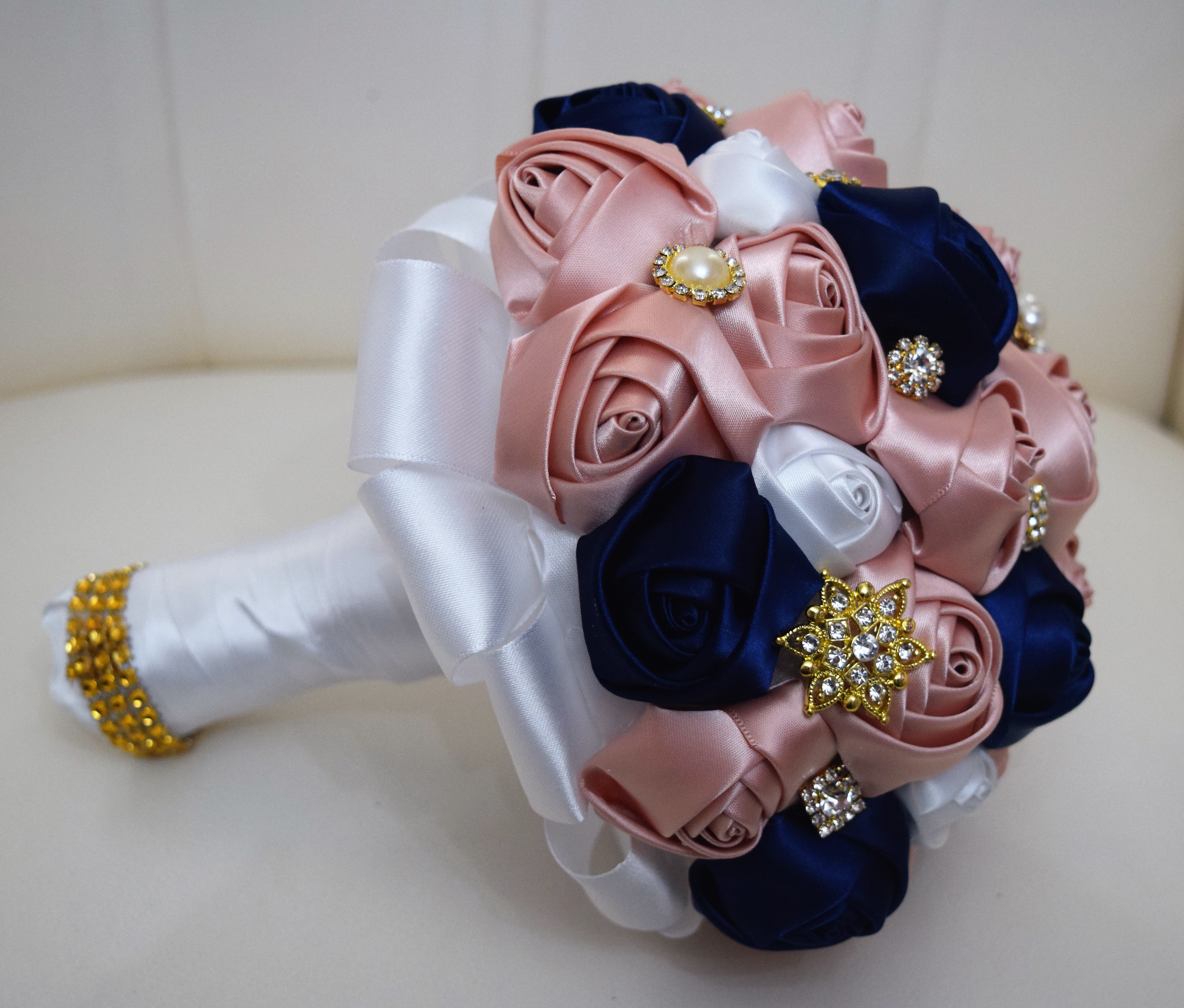 Navy and Red Flower Rhinestone Bow Brooch 