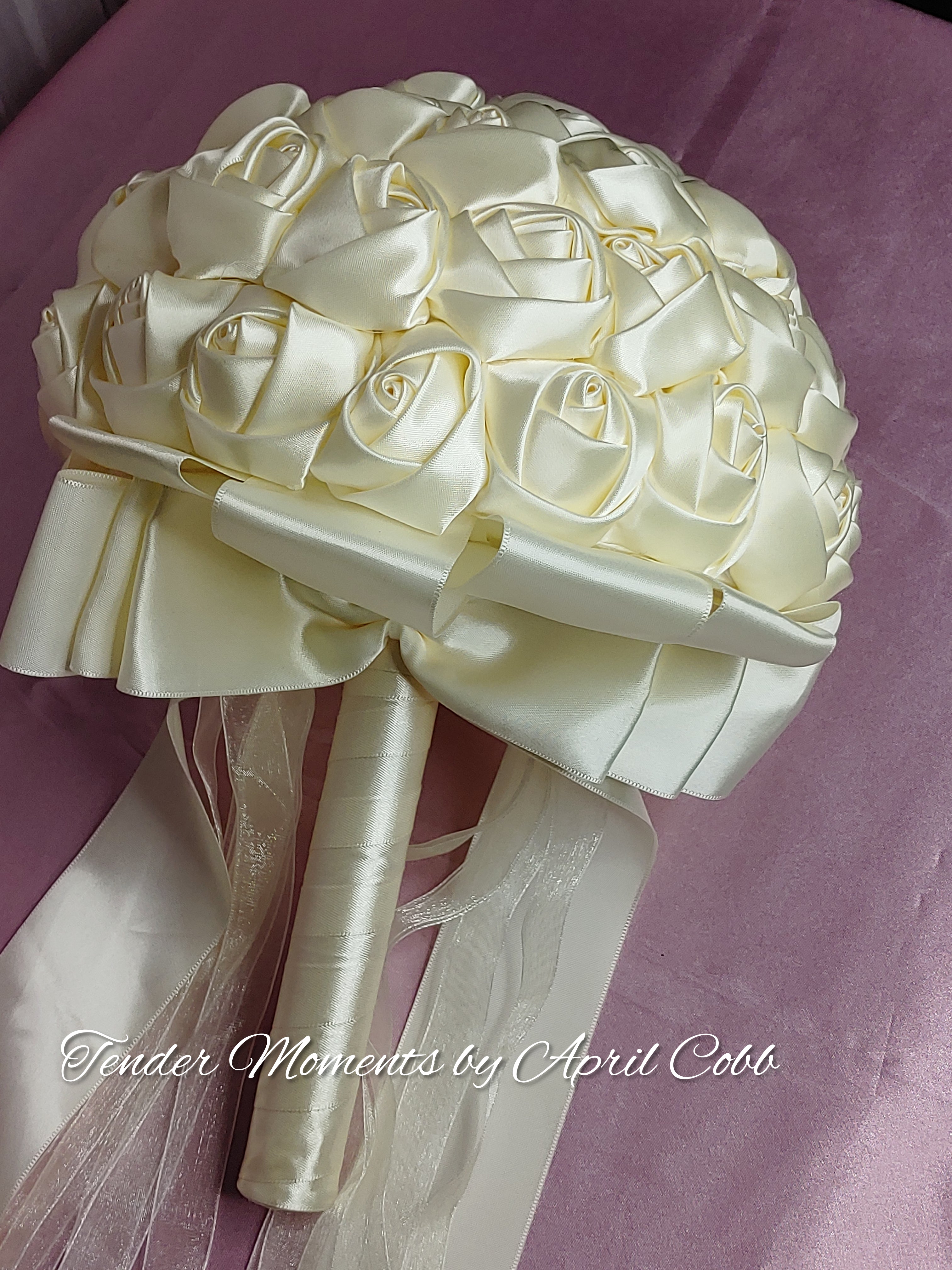 Handmade Ribbon Rose Bouquet off White Rose Accented With -   Wedding bouquet  ribbon, Ribbon rose bouquets, Bridal brooch bouquet