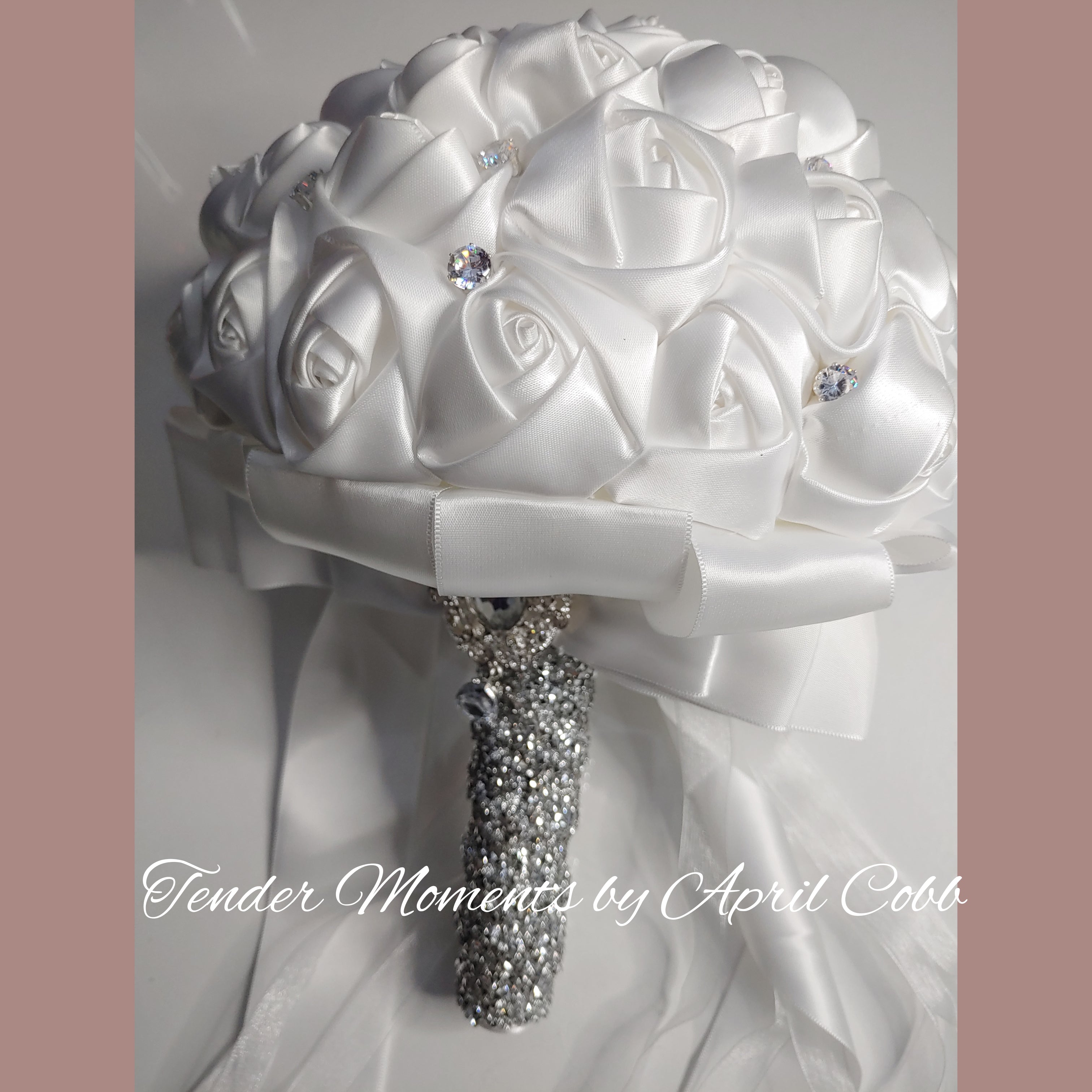 Bridal Bouquet Silver Clear Gem Brooch Pin Bling White Latex Roses Satin  Tulle