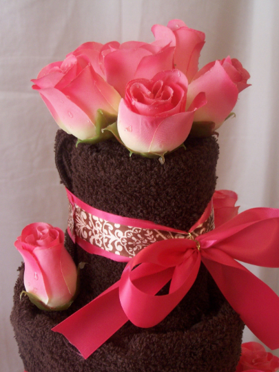 Chocolate Towel Cake (3 Tier) with Hot Pink Roses